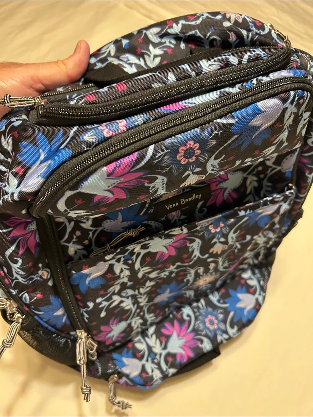 Vera Bradley Black Floral Backpack with Blue & Pink Accents